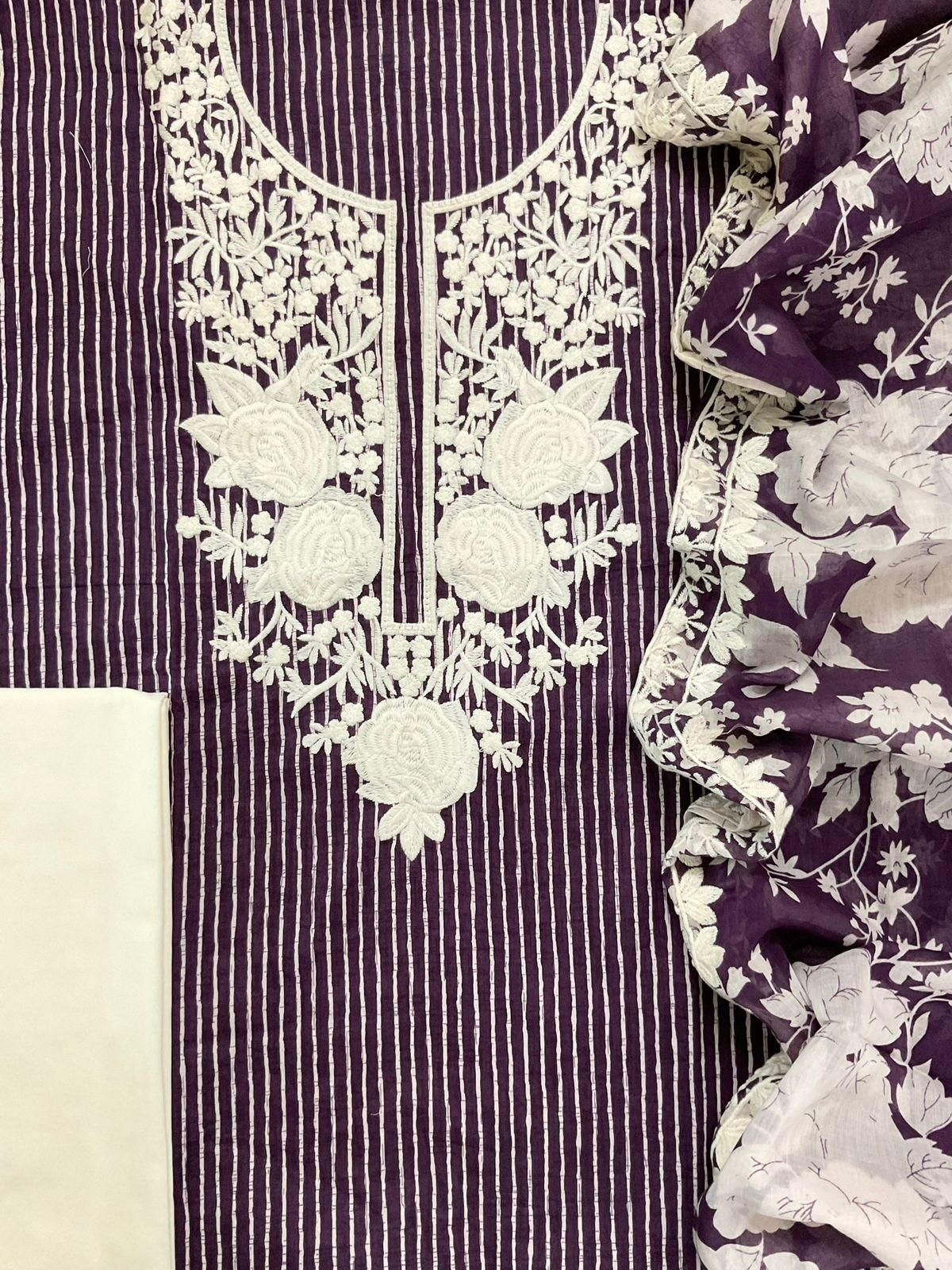 Pure Mul Cotton Printed Embroidered Suit - Violet