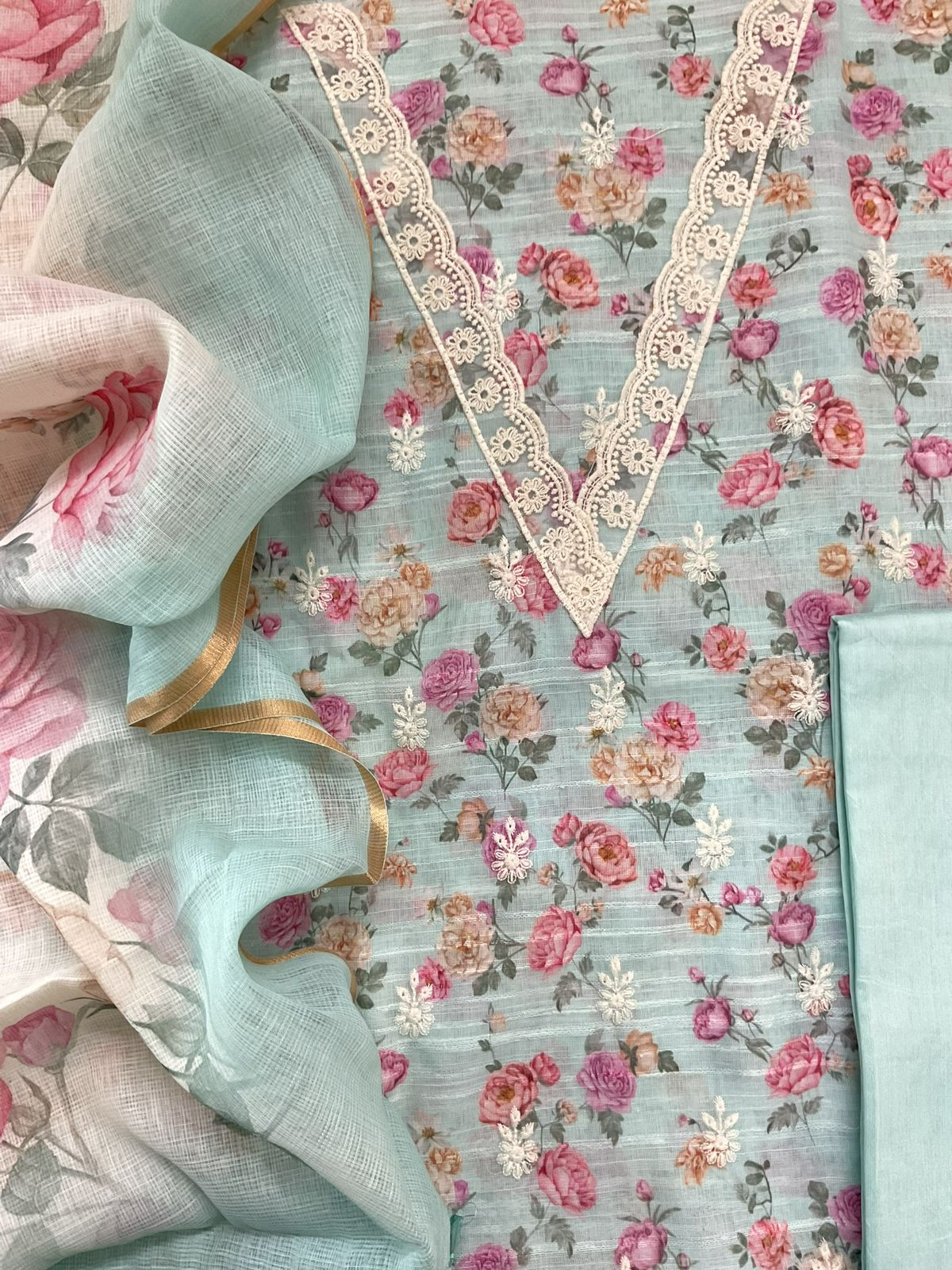 Soft Linen Jute Cotton Self Weaved Printed Embroidered Suit - Blue