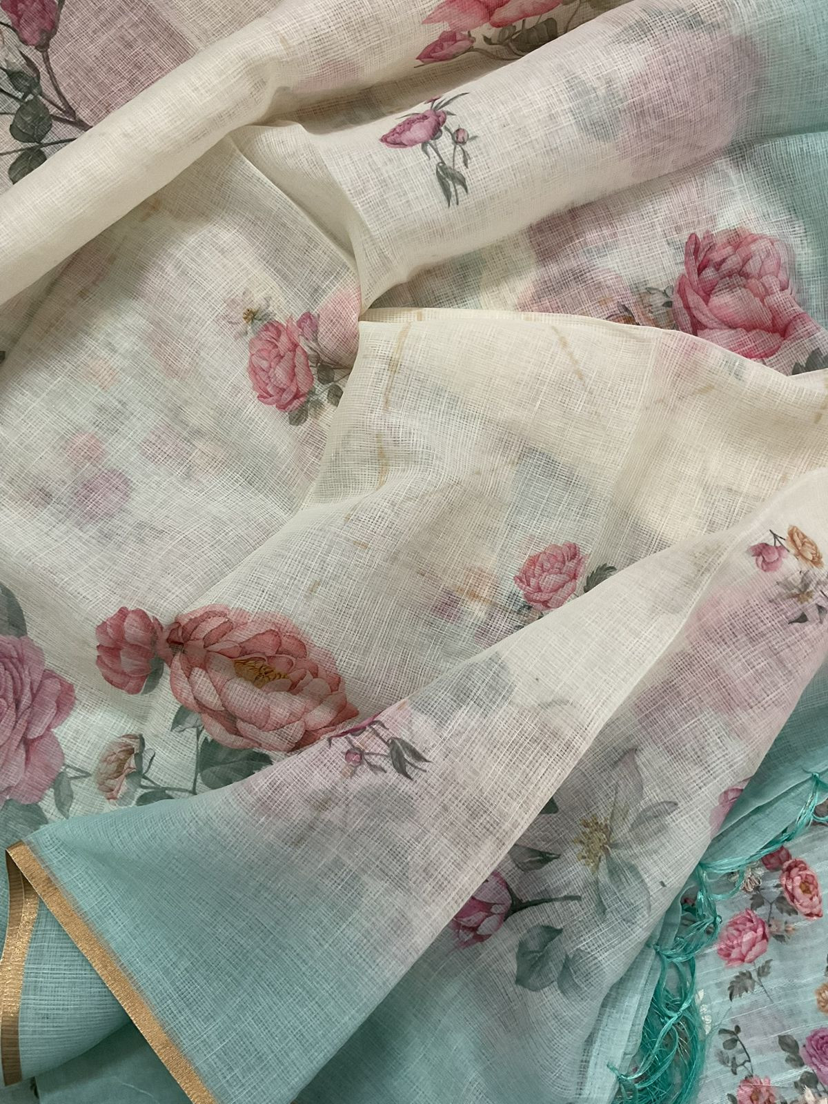 Soft Linen Jute Cotton Self Weaved Printed Embroidered Suit - Blue