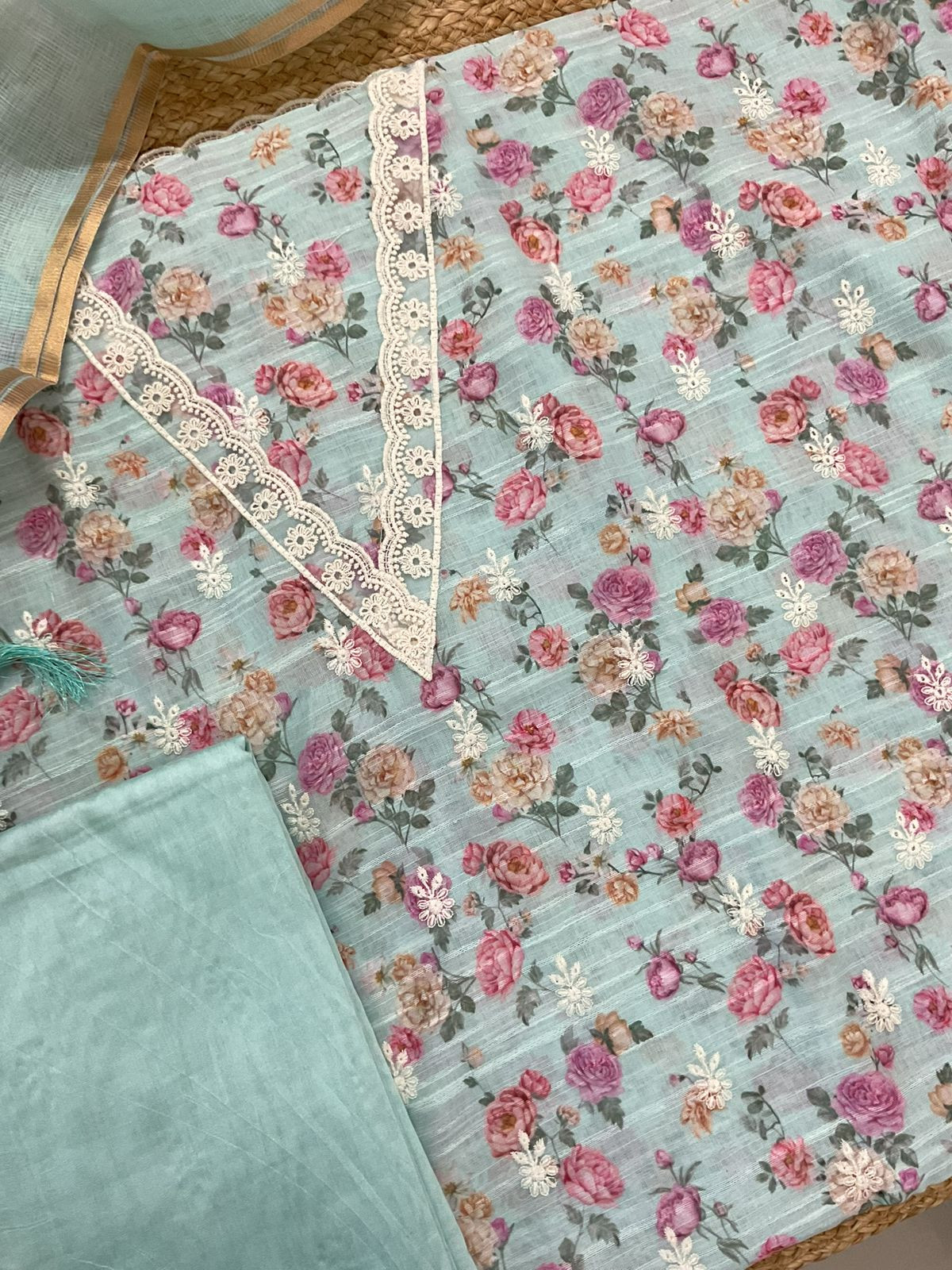 Soft Linen Jute Cotton Self Weaved Printed Embroidered Suit - Blue