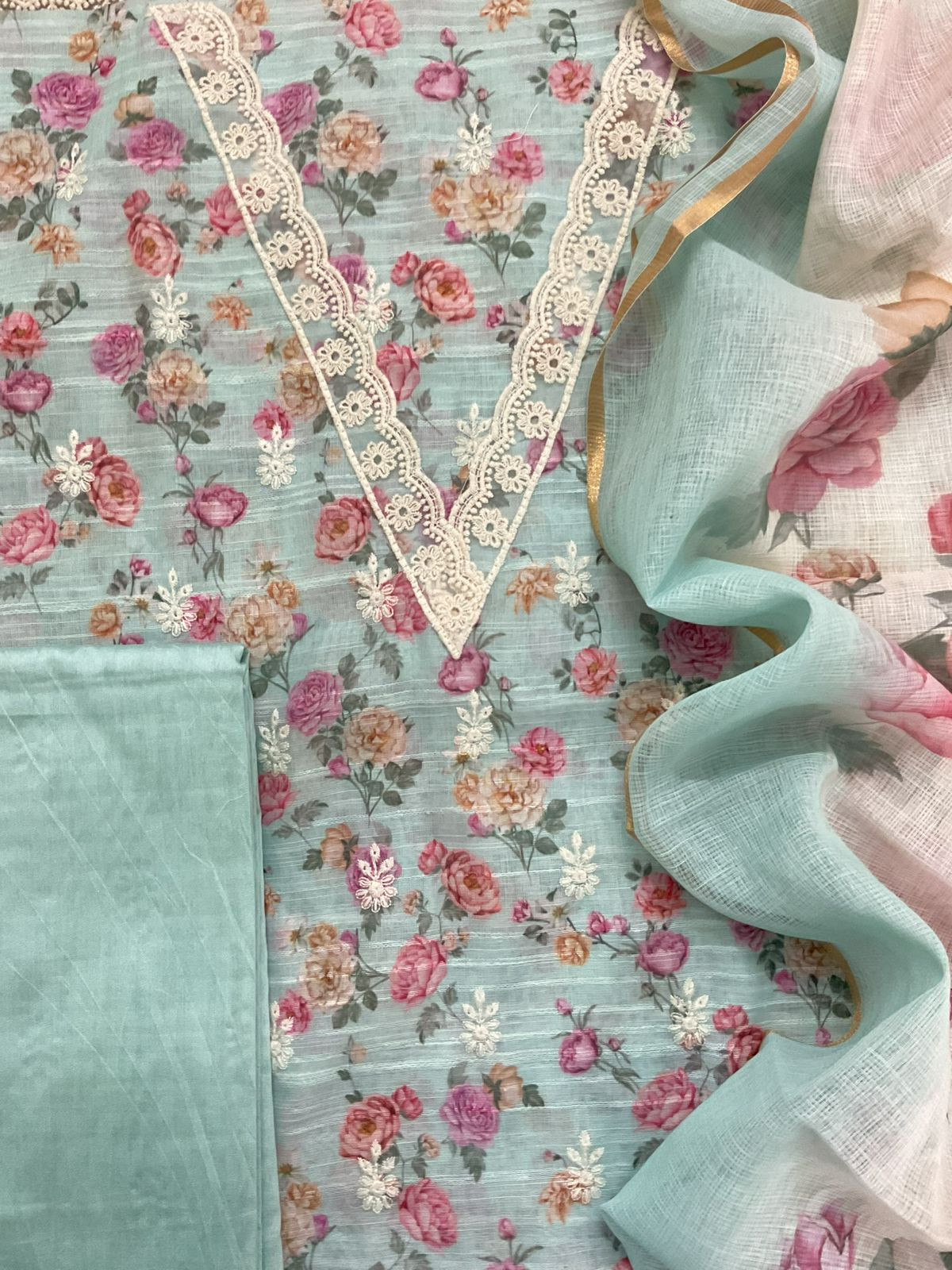 Soft Linen Jute Cotton Self Weaved Printed Embroidered Suit - Blue