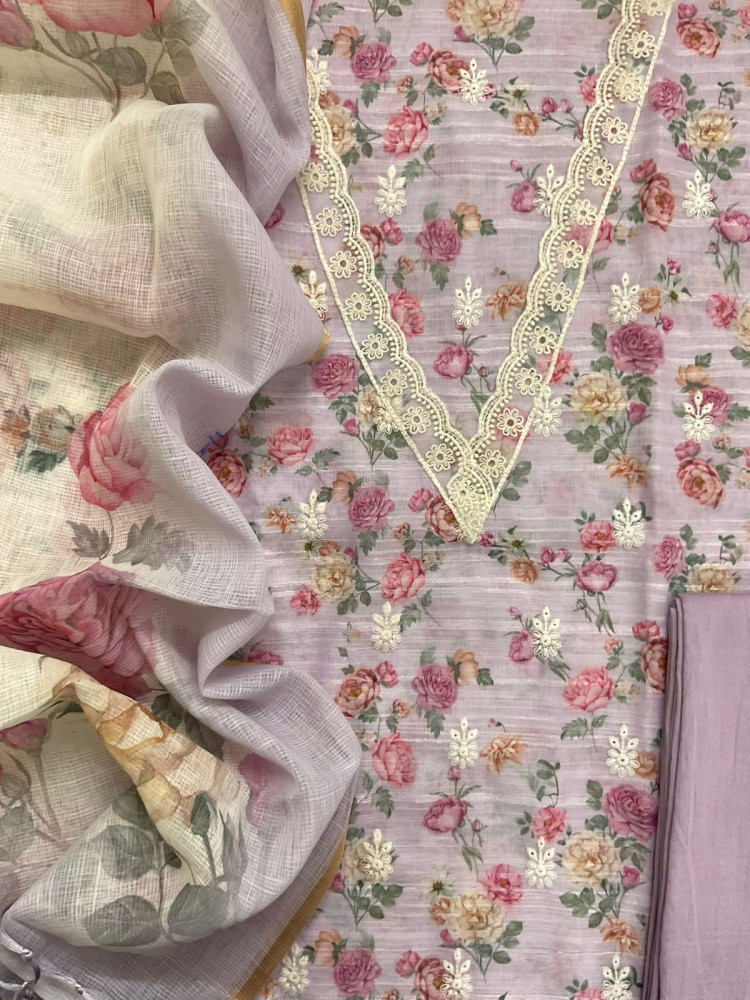 Image of Soft Linen Jute Cotton Self Weaved Printed Embroidered Suit - Lavender