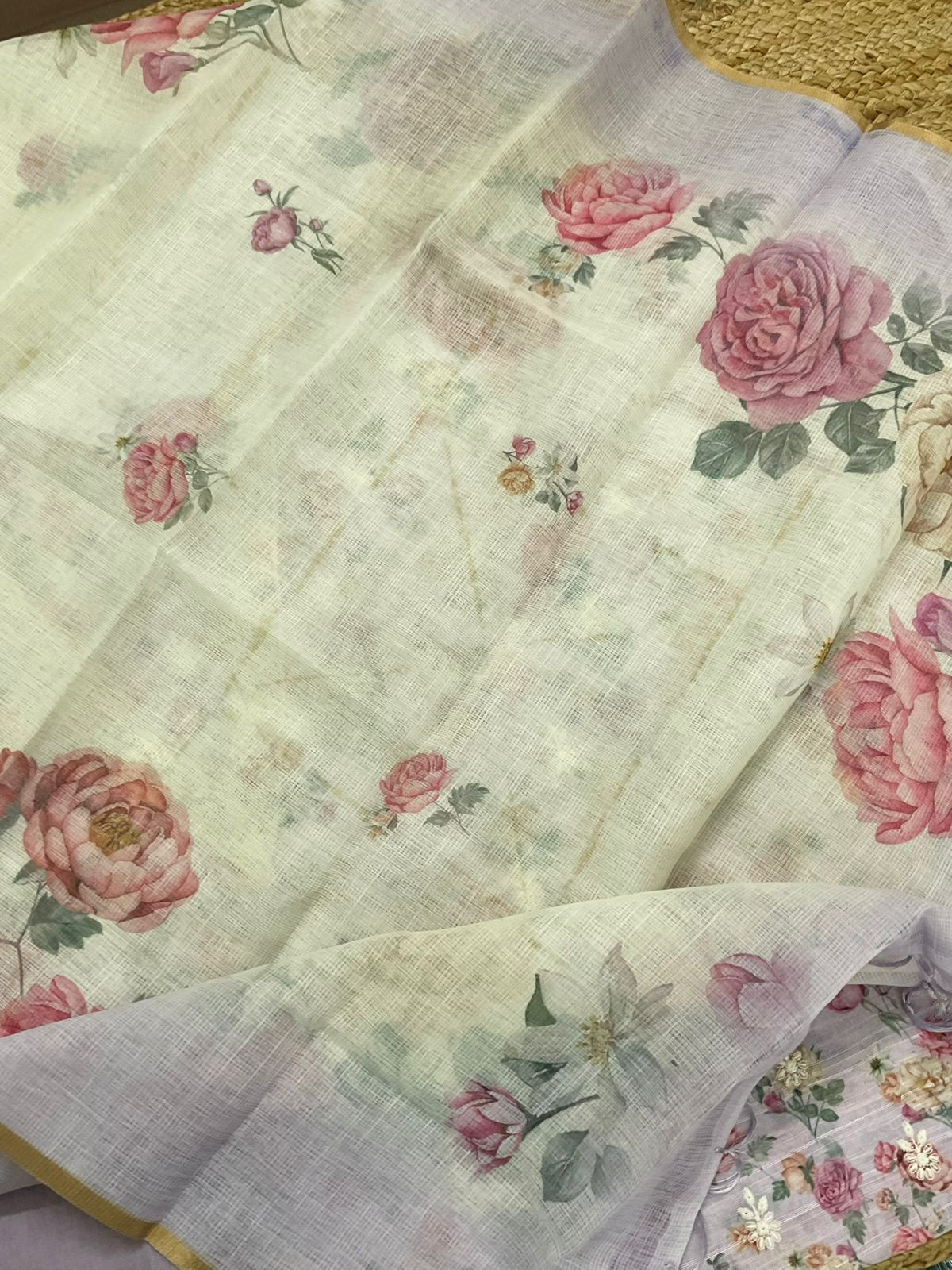 Soft Linen Jute Cotton Self Weaved Printed Embroidered Suit - Lavender