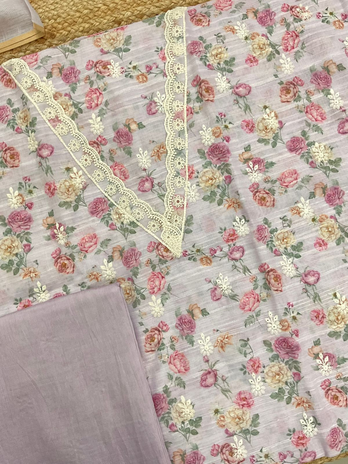 Soft Linen Jute Cotton Self Weaved Printed Embroidered Suit - Lavender