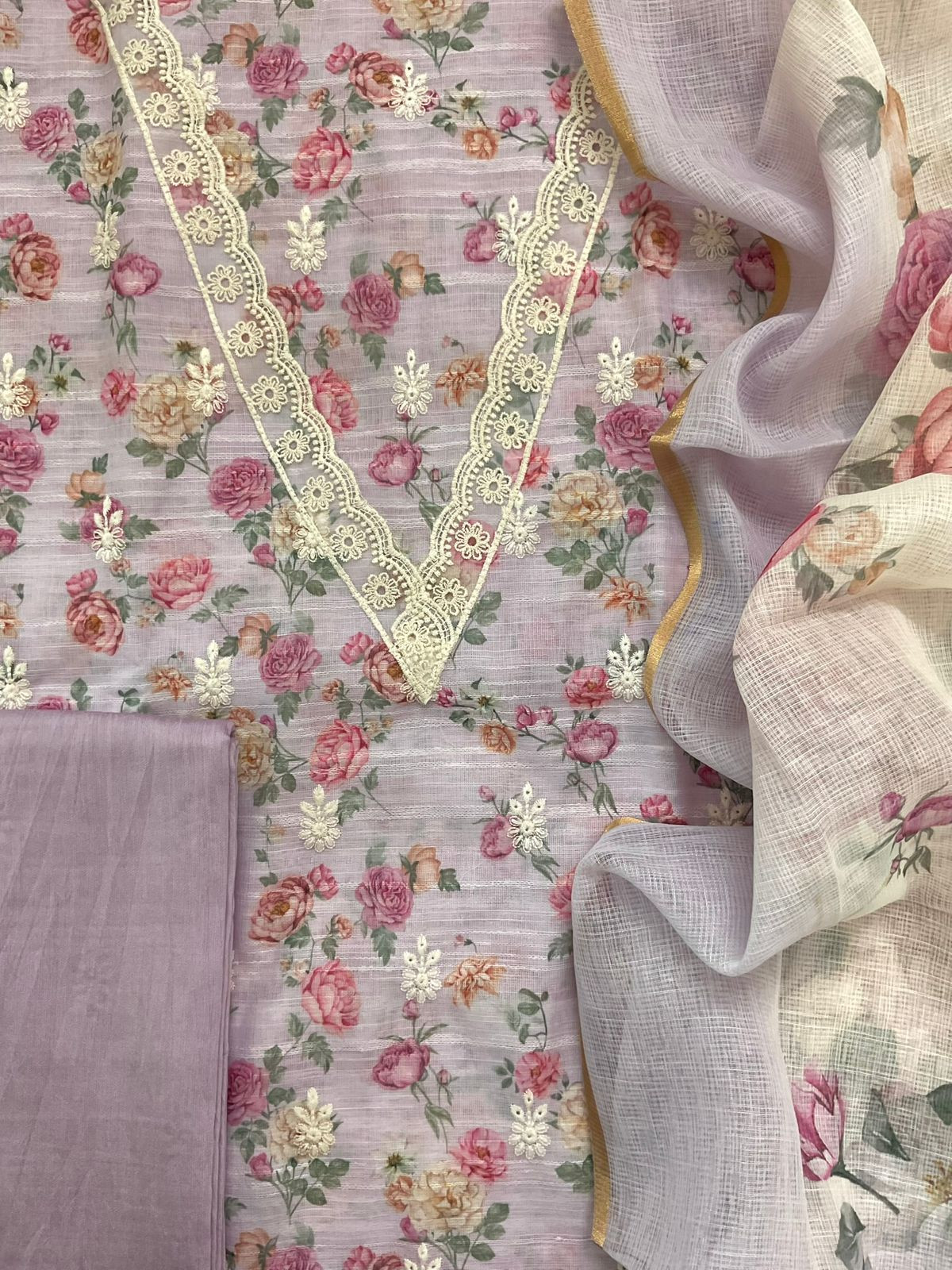Soft Linen Jute Cotton Self Weaved Printed Embroidered Suit - Lavender