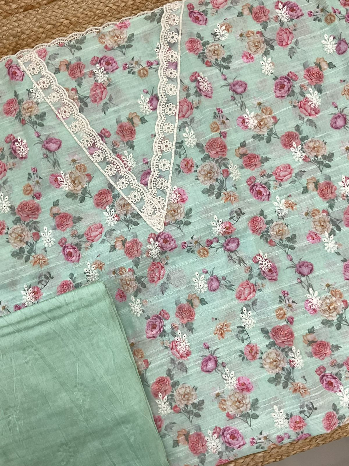 Soft Linen Jute Cotton Self Weaved Printed Embroidered Suit - Sea Green