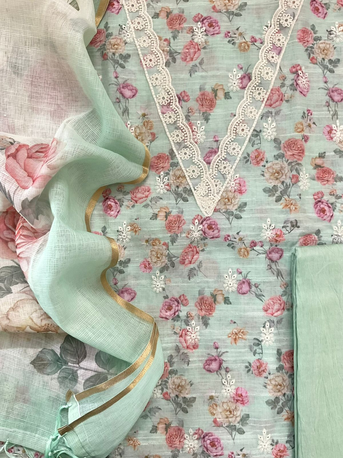 Soft Linen Jute Cotton Self Weaved Printed Embroidered Suit - Sea Green