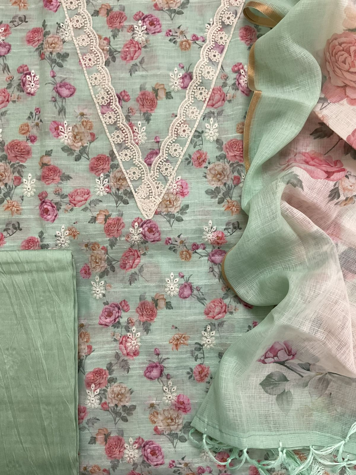 Soft Linen Jute Cotton Self Weaved Printed Embroidered Suit - Sea Green