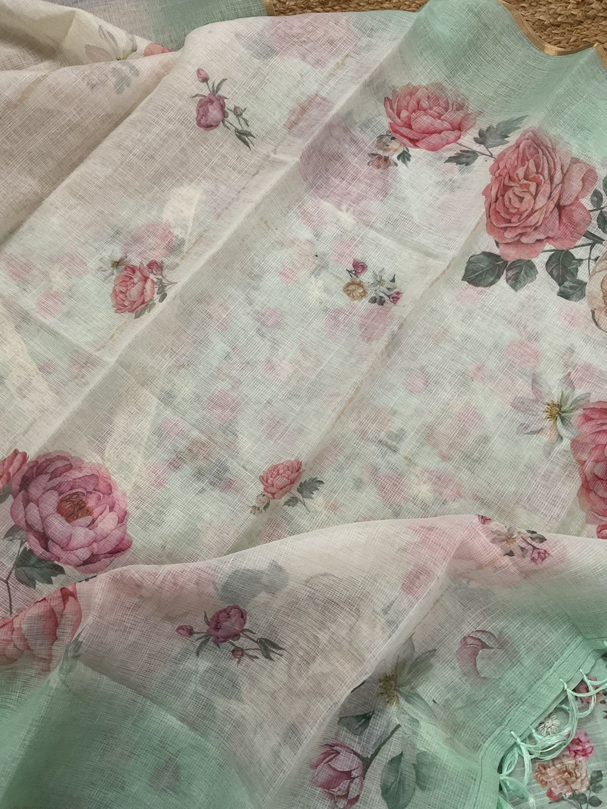 Soft Linen Jute Cotton Self Weaved Printed Embroidered Suit - Sea Green