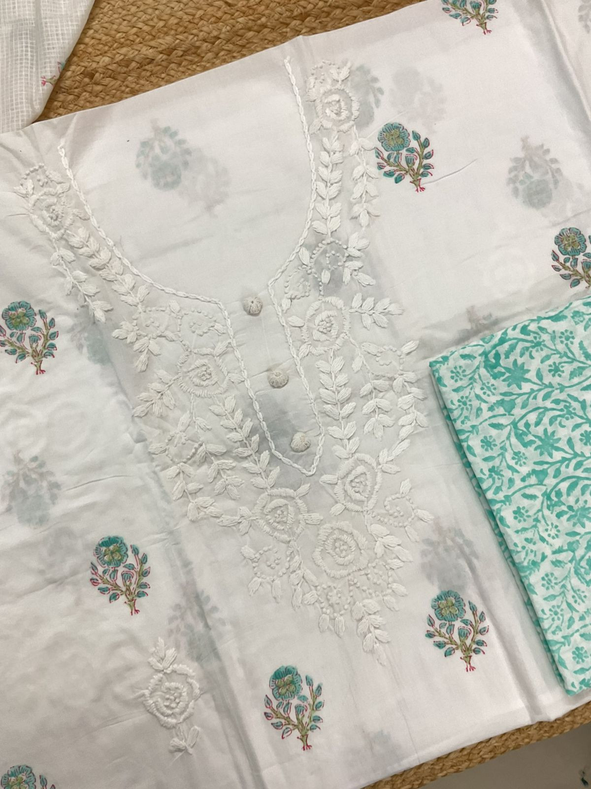 Pure Cotton Printed Embroidered Suit - White