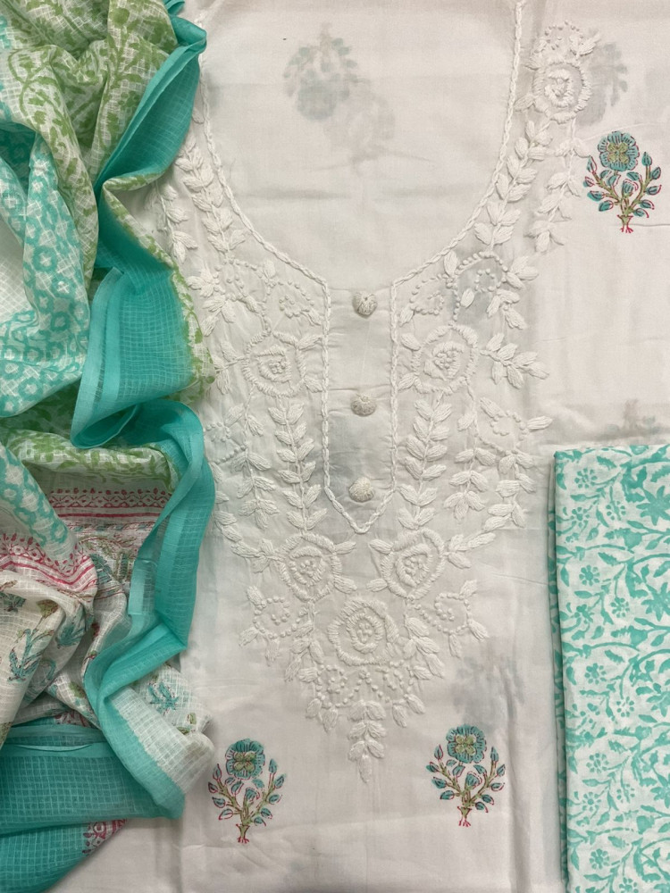 Image of Pure Cotton Printed Embroidered Suit - White