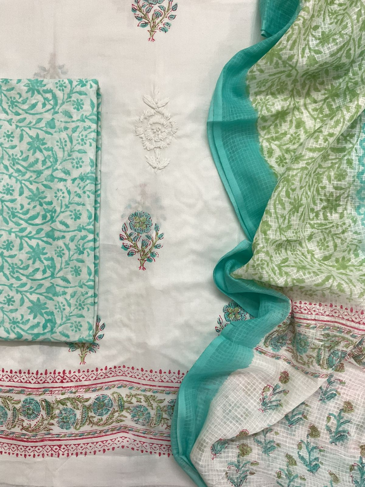 Pure Cotton Printed Embroidered Suit - White