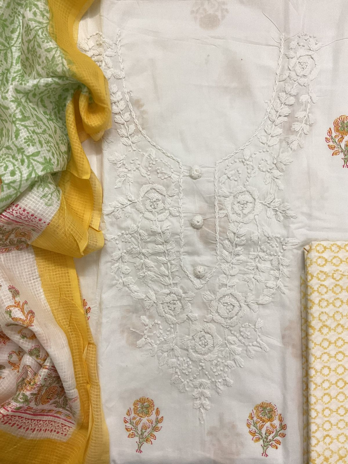 Pure Cotton Printed Embroidered Suit - White