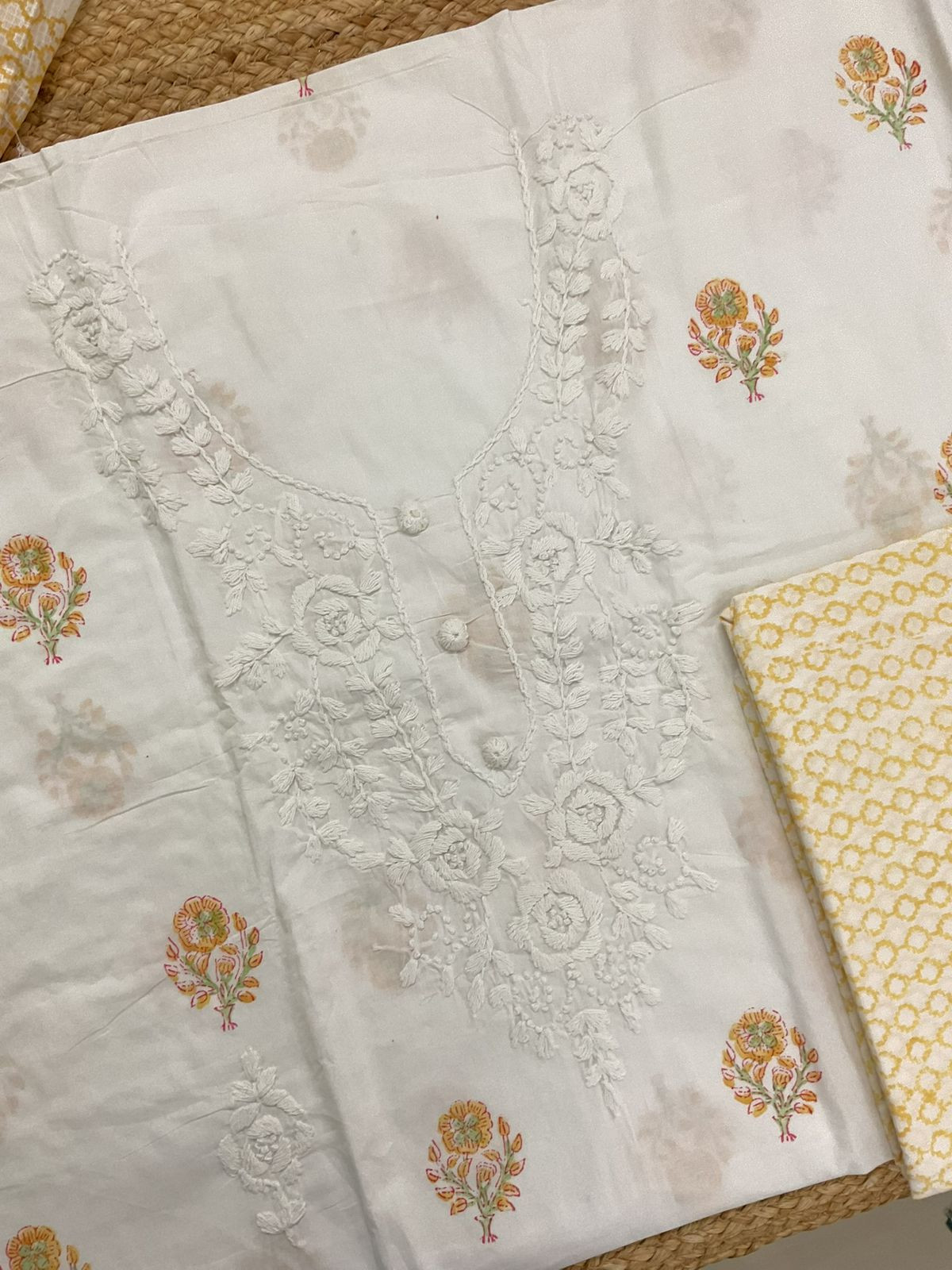 Pure Cotton Printed Embroidered Suit - White