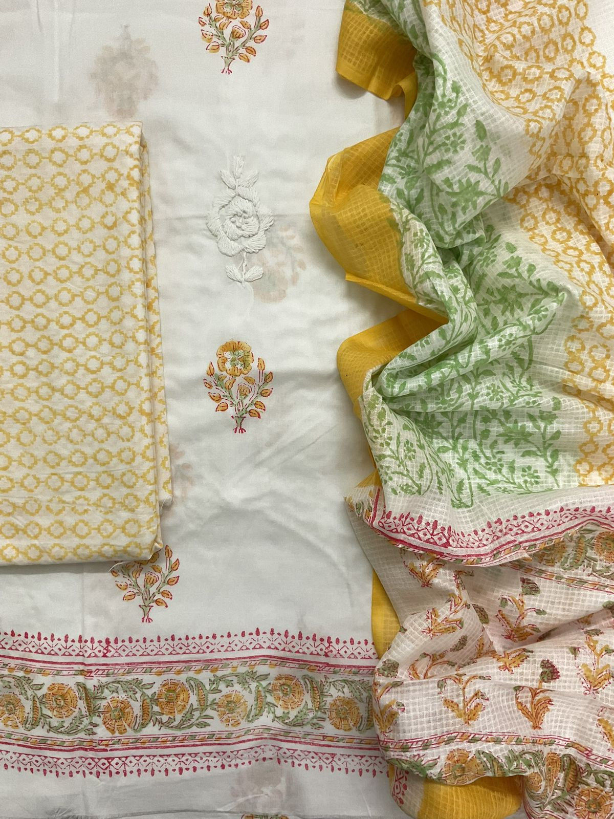 Pure Cotton Printed Embroidered Suit - White