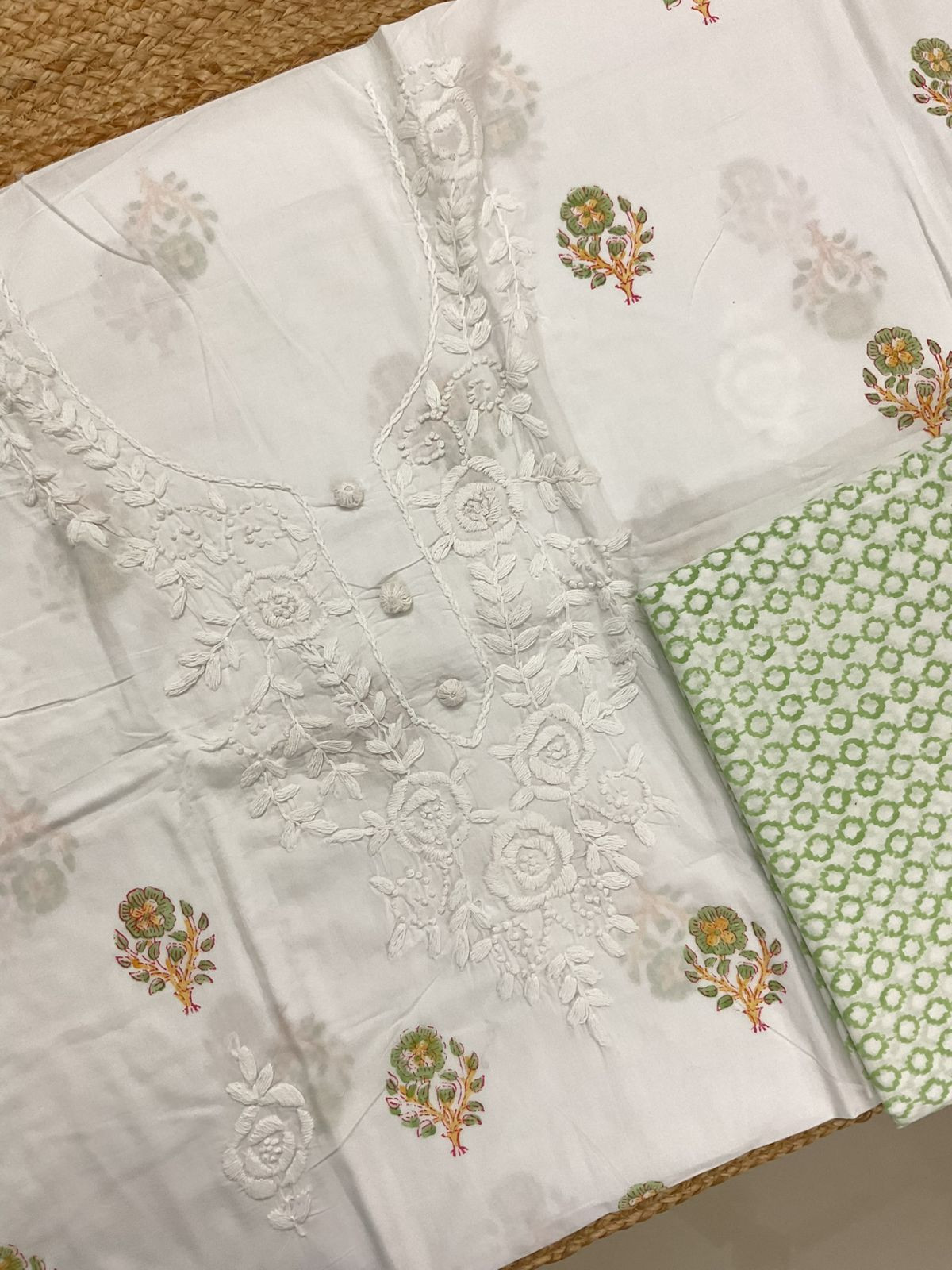 Pure Cotton Printed Embroidered Suit - White