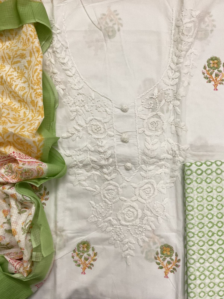 Image of Pure Cotton Printed Embroidered Suit - White