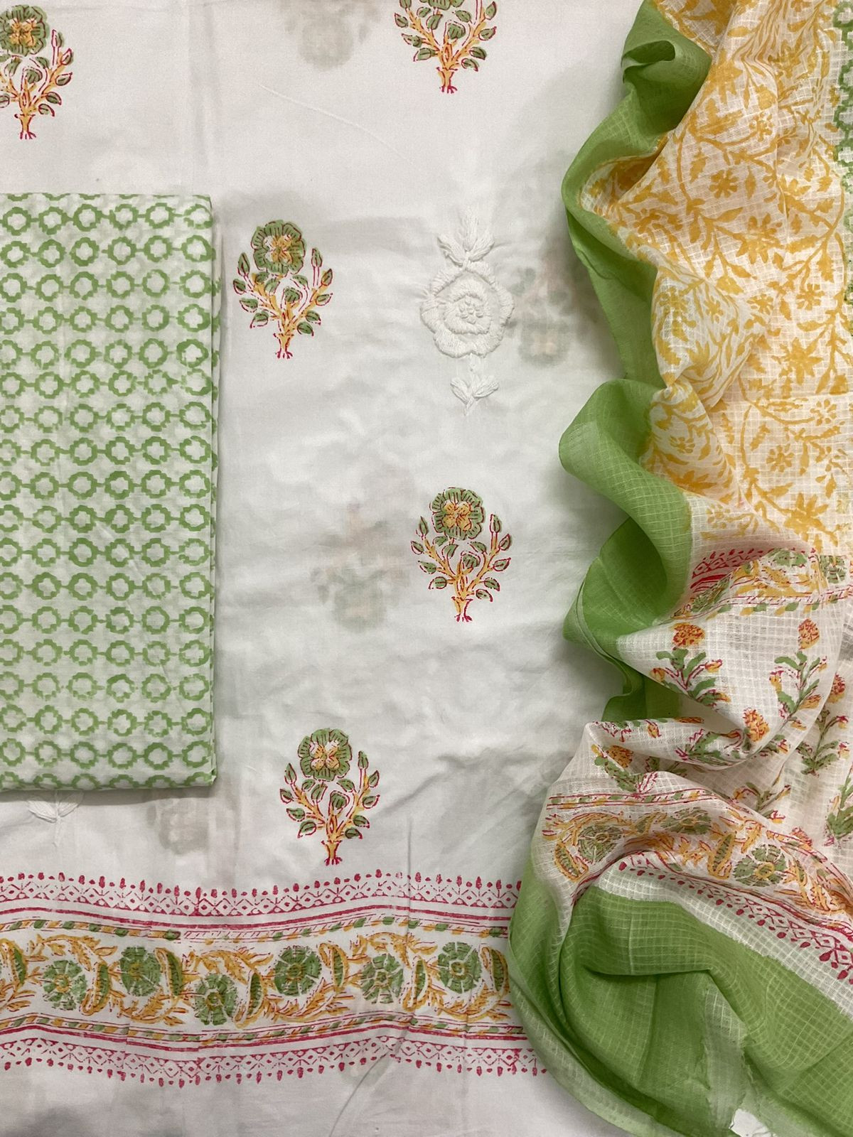 Pure Cotton Printed Embroidered Suit - White