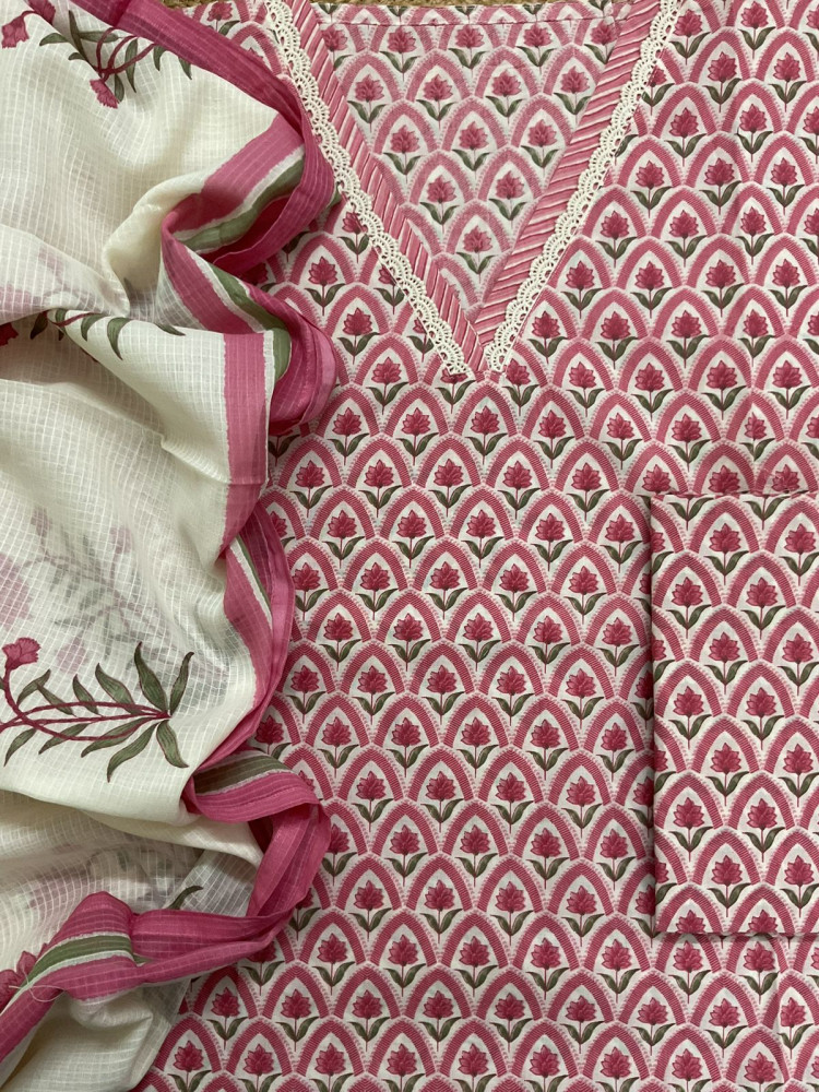 Image of Pure Cotton Printed Embroidered Suit - Pink