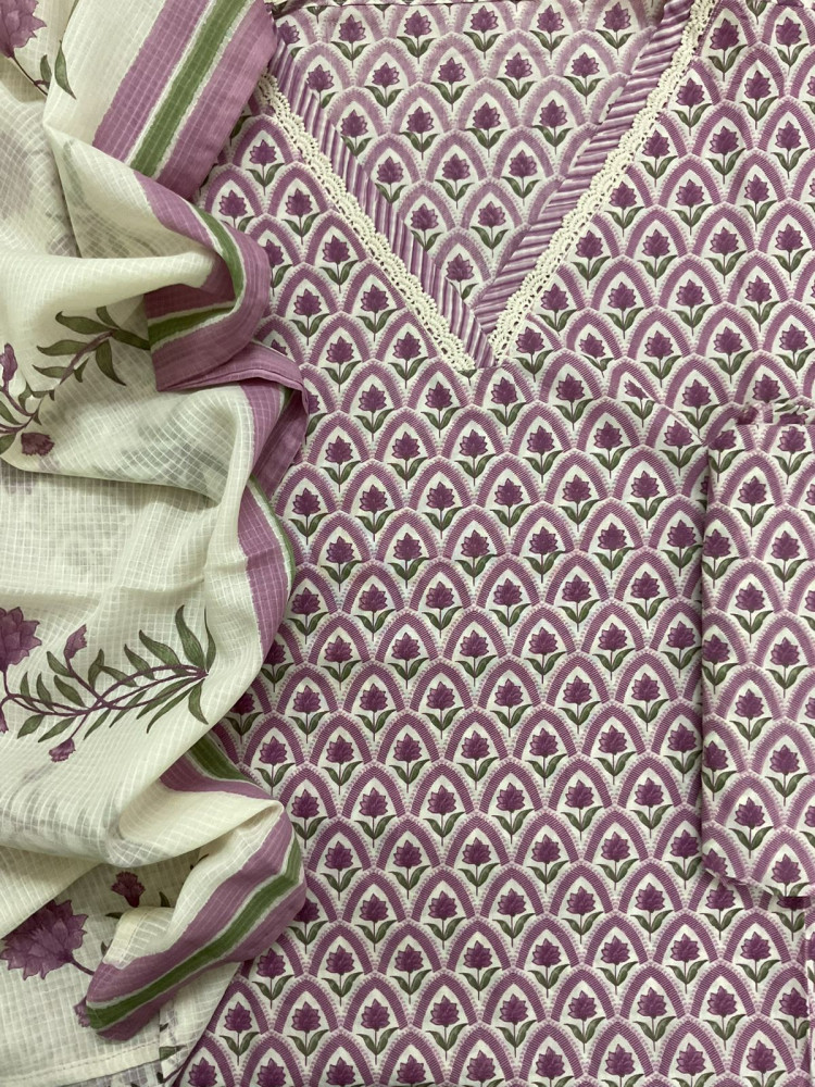 Image of Pure Cotton Printed Embroidered Suit - Purple