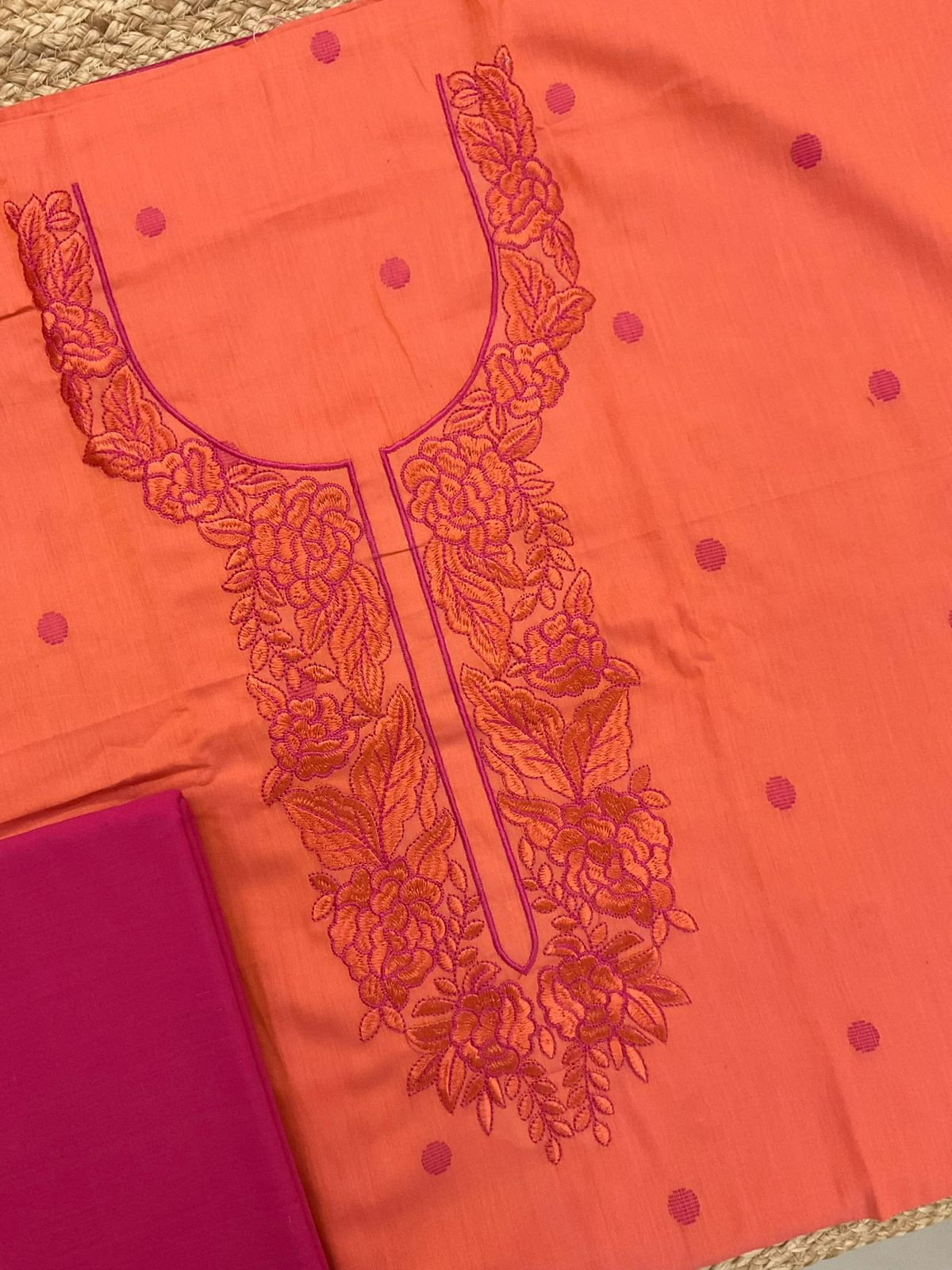 Pure Handloom Cotton Self Weaved Embroidered Suit - Orange