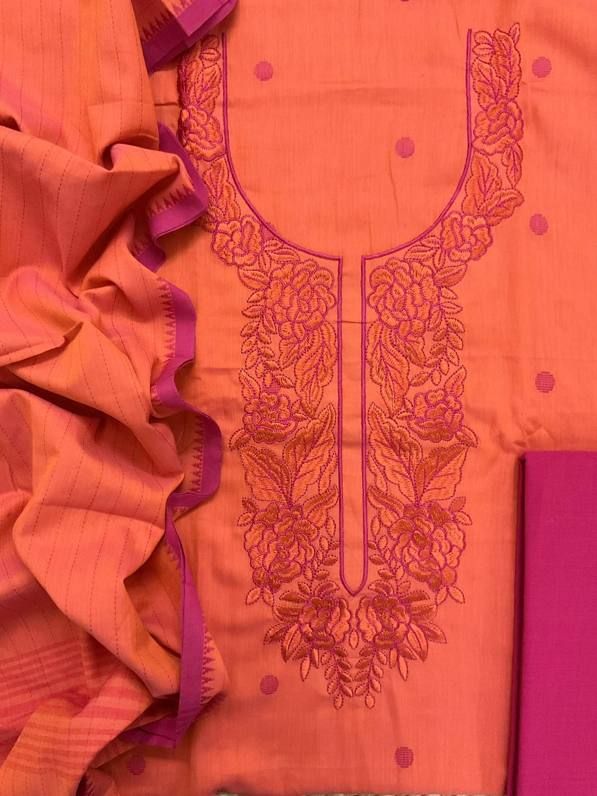Pure Handloom Cotton Self Weaved Embroidered Suit - Orange