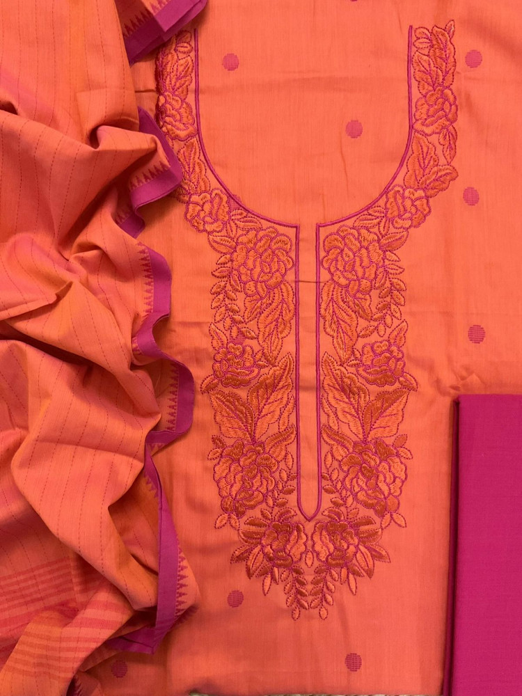 Image of Pure Handloom Cotton Self Weaved Embroidered Suit - Orange
