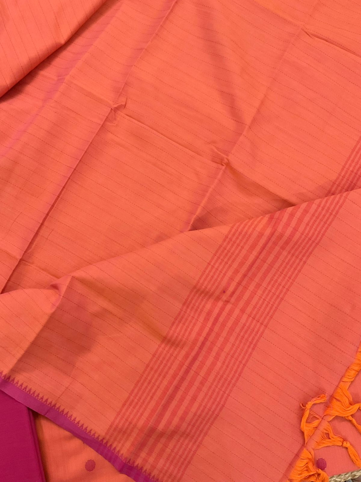 Pure Handloom Cotton Self Weaved Embroidered Suit - Orange