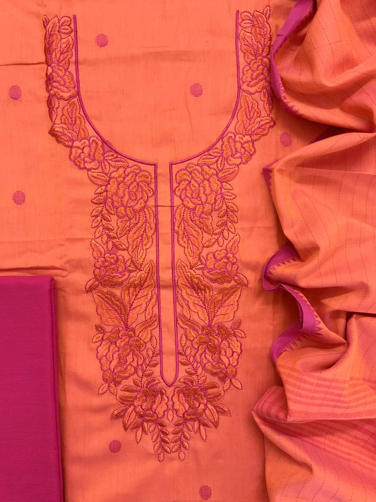 Pure Handloom Cotton Self Weaved Embroidered Suit - Orange