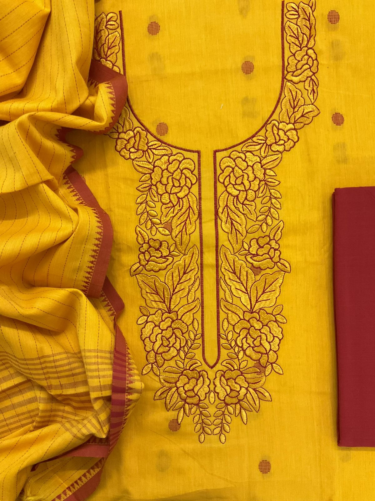 Pure Handloom Cotton Self Weaved Embroidered Suit - Yellow