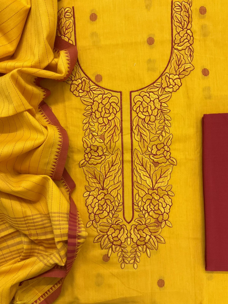 Image of Pure Handloom Cotton Self Weaved Embroidered Suit - Yellow