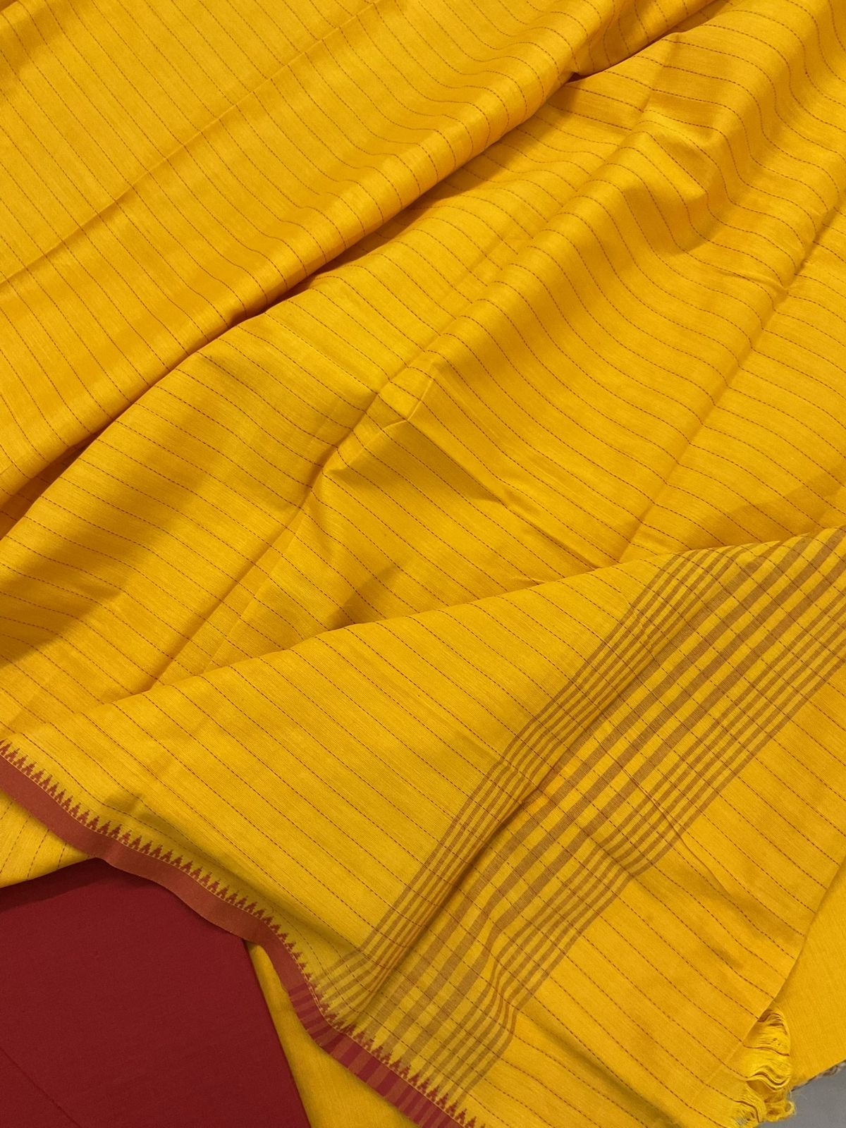 Pure Handloom Cotton Self Weaved Embroidered Suit - Yellow