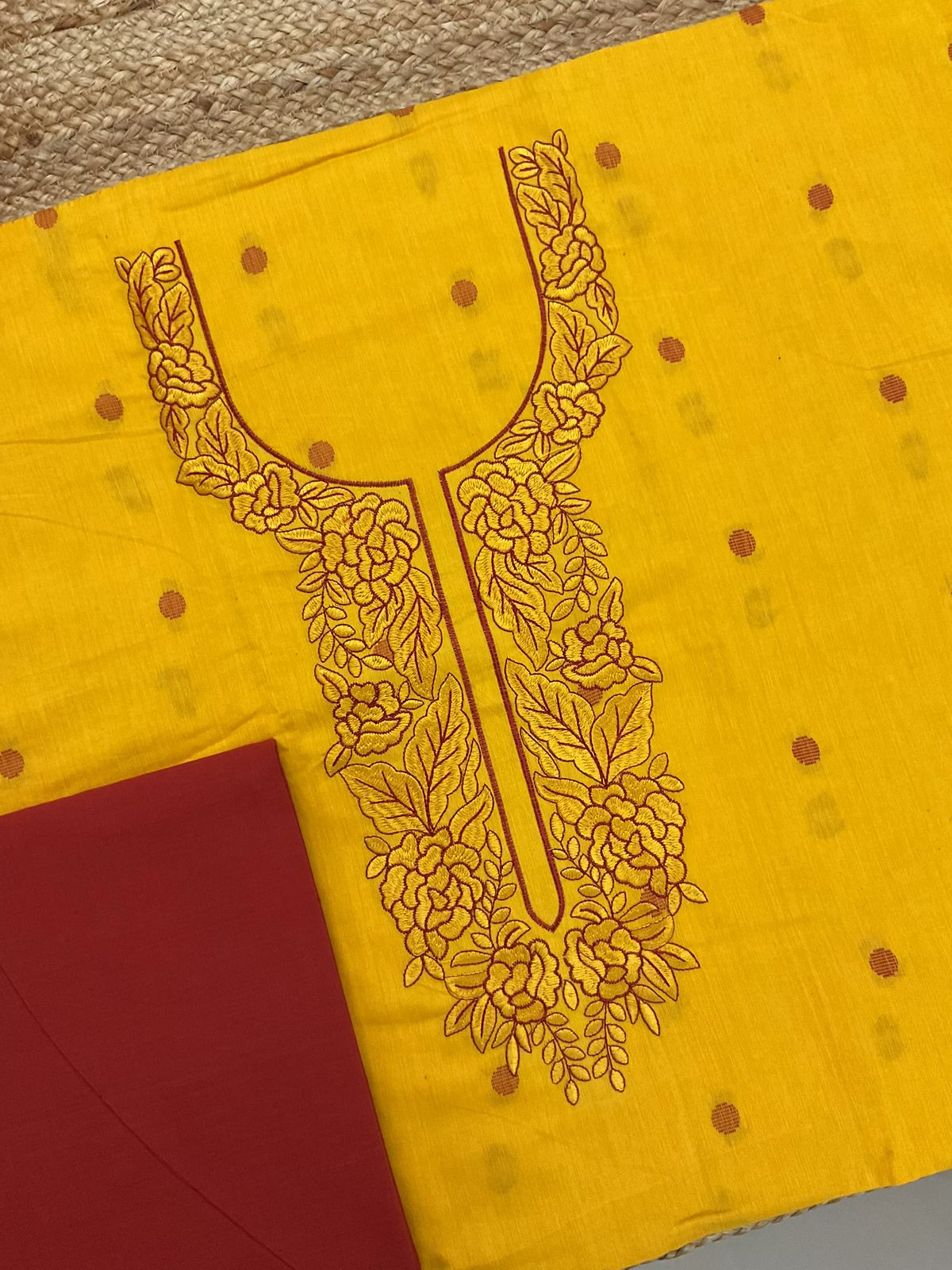 Pure Handloom Cotton Self Weaved Embroidered Suit - Yellow