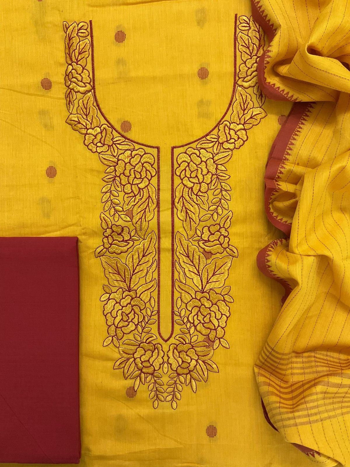 Pure Handloom Cotton Self Weaved Embroidered Suit - Yellow