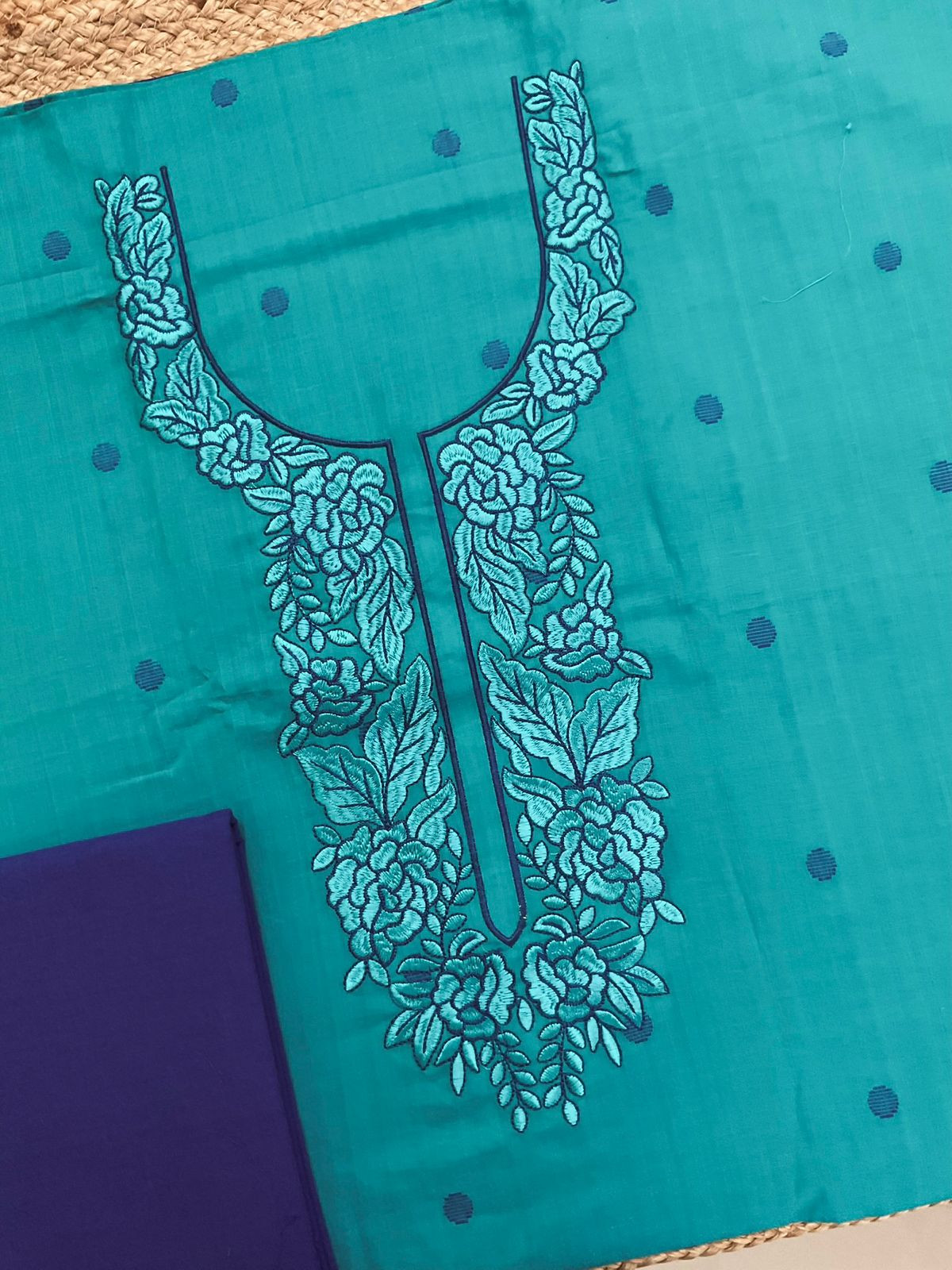 Pure Handloom Cotton Self Weaved Embroidered Suit - Blue