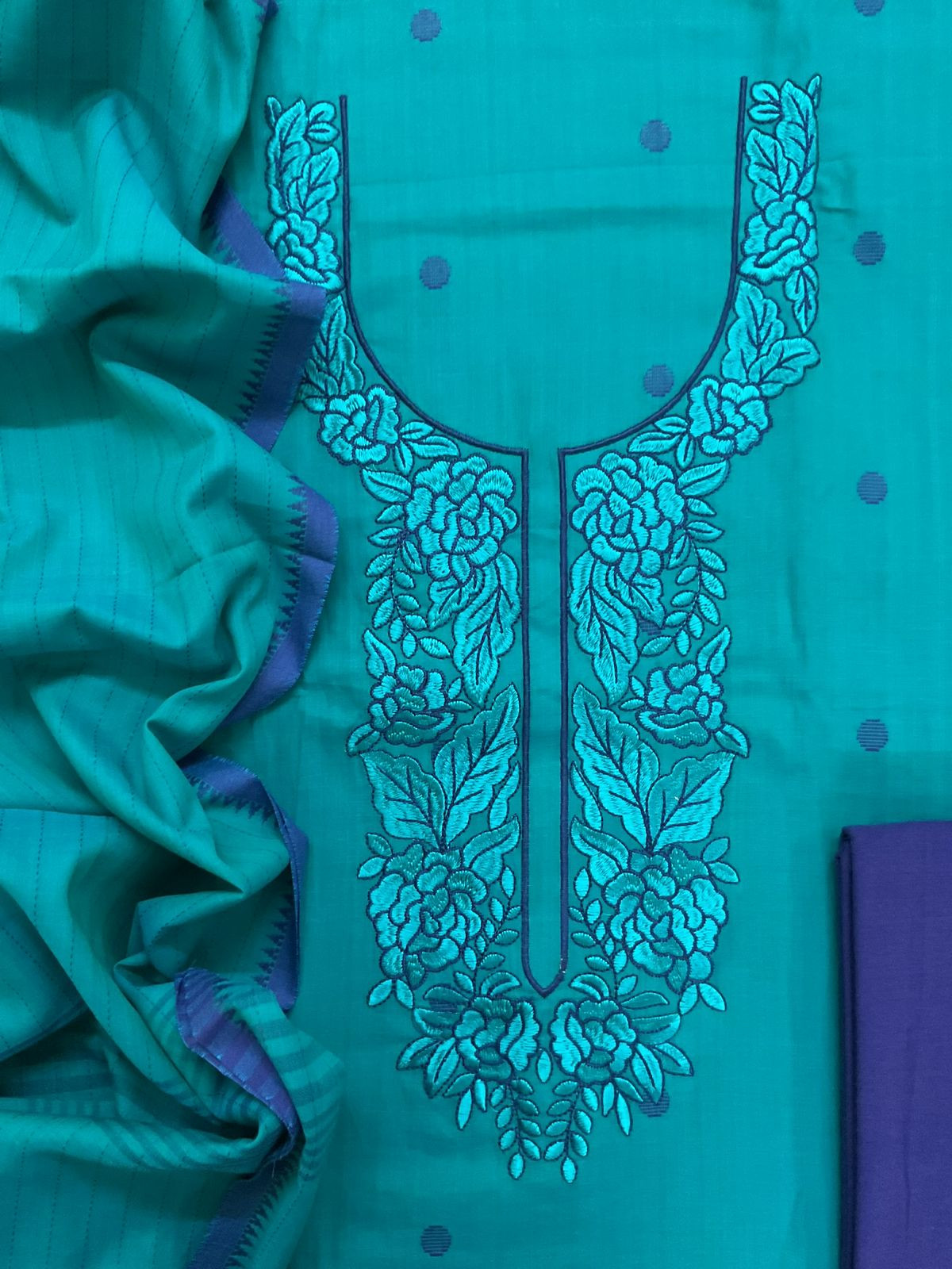 Pure Handloom Cotton Self Weaved Embroidered Suit - Blue