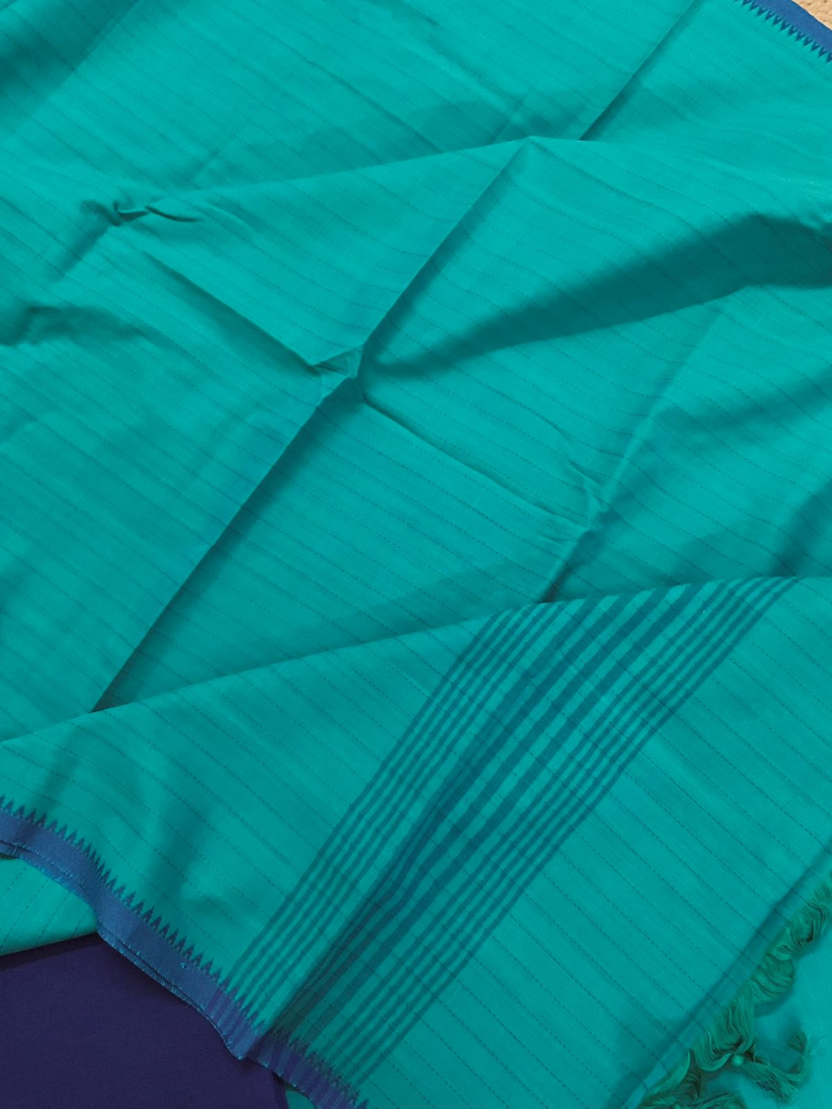 Pure Handloom Cotton Self Weaved Embroidered Suit - Blue