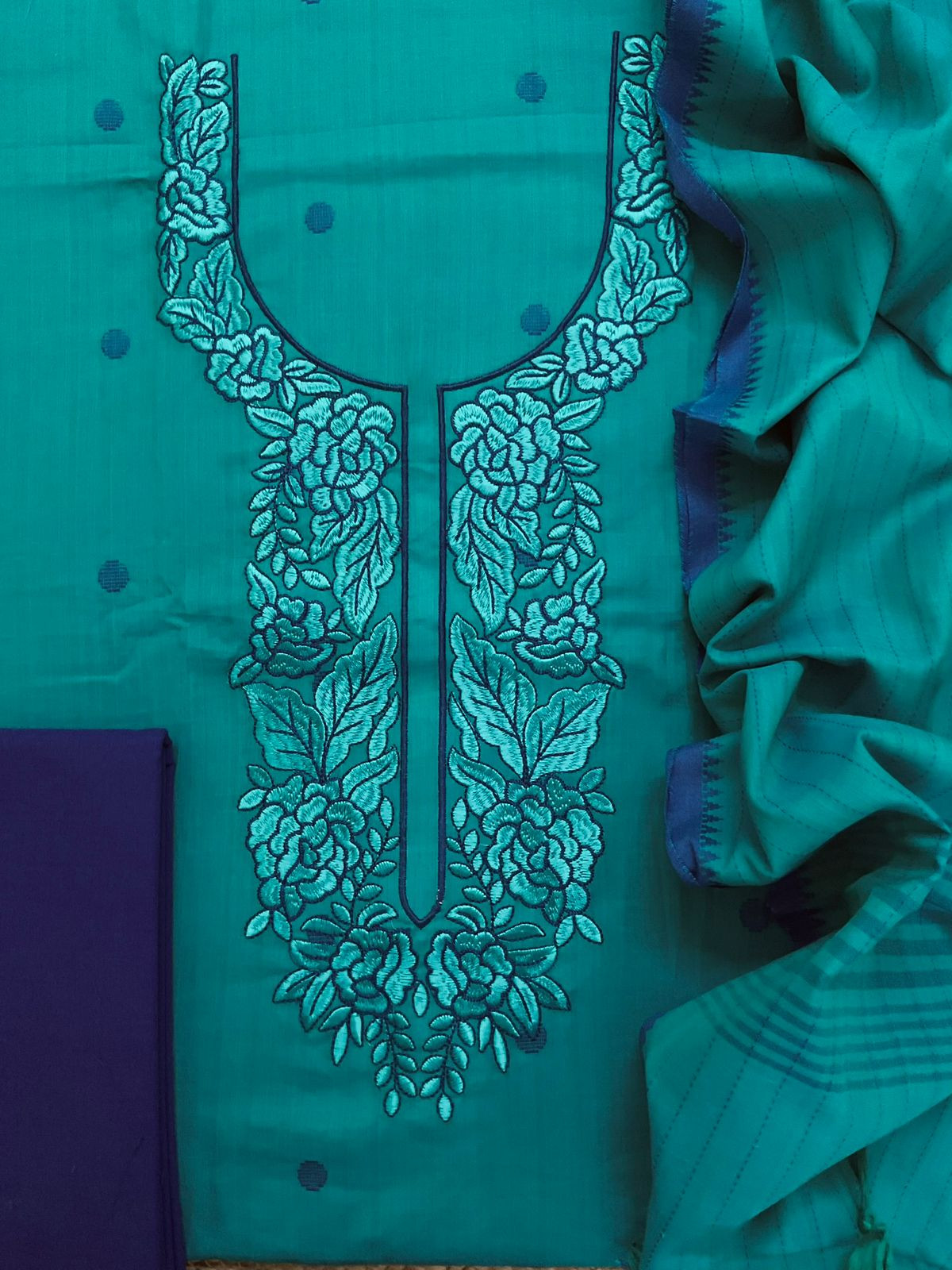 Pure Handloom Cotton Self Weaved Embroidered Suit - Blue