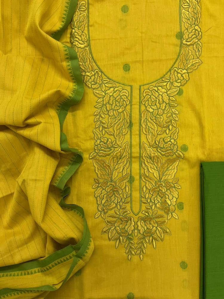 Image of Pure Handloom Cotton Self Weaved Embroidered Suit - Yellow
