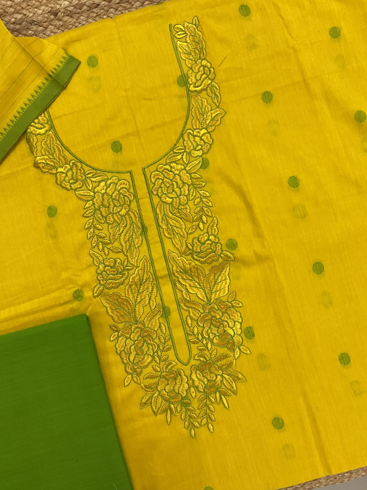 Pure Handloom Cotton Self Weaved Embroidered Suit - Yellow