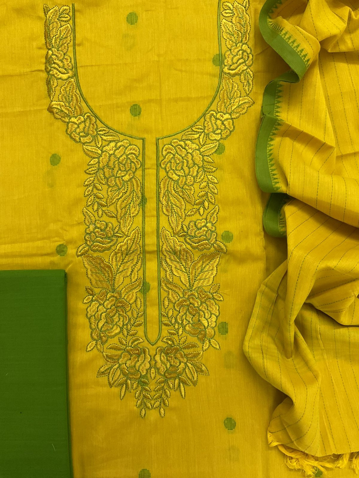 Pure Handloom Cotton Self Weaved Embroidered Suit - Yellow