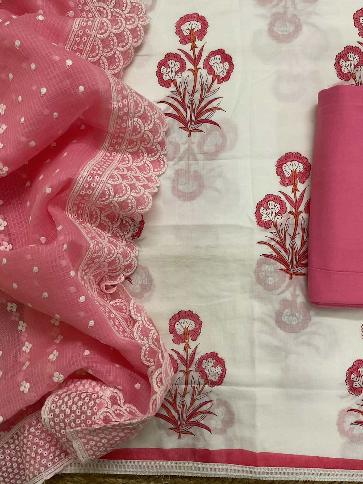 Pure Cotton Printed Embroidered Suit - Off White