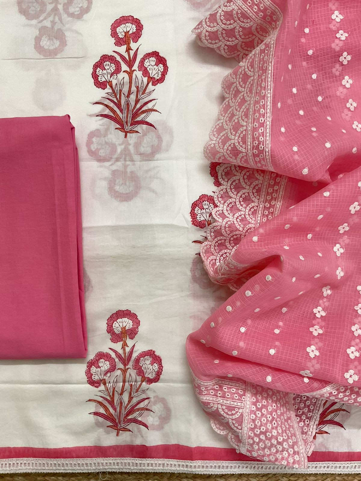 Pure Cotton Printed Embroidered Suit - Off White