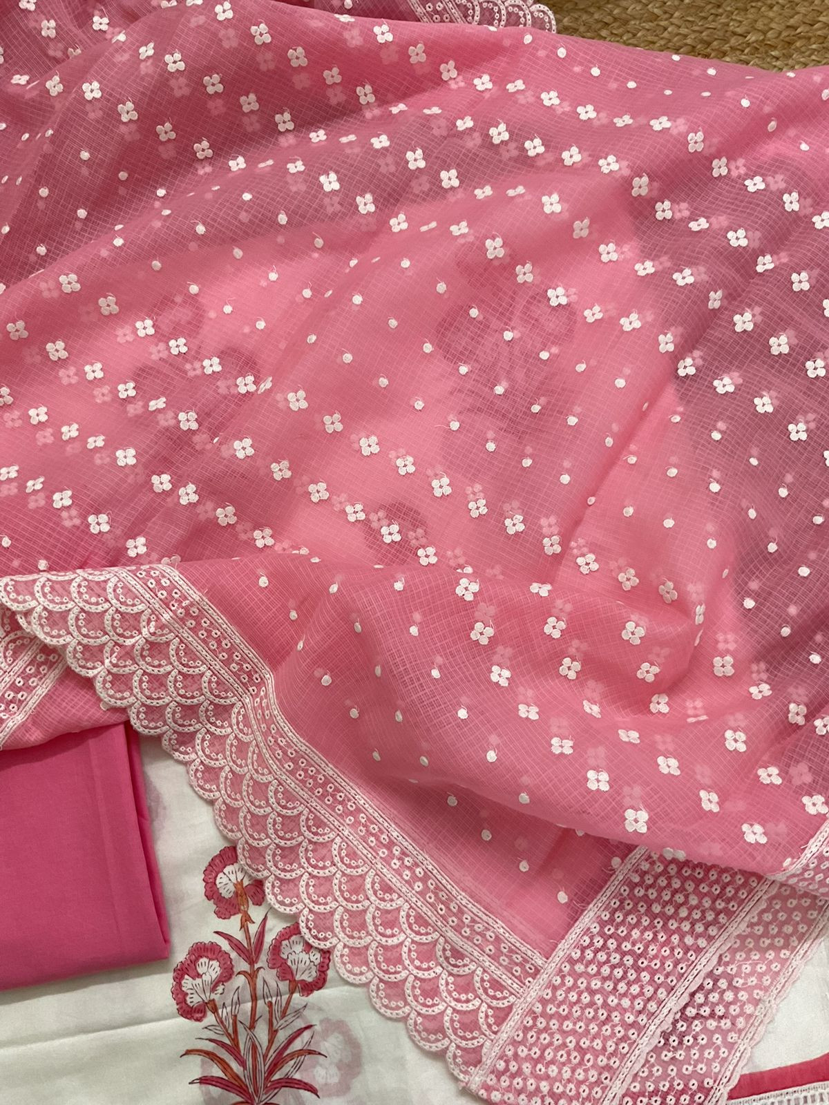 Pure Cotton Printed Embroidered Suit - Off White