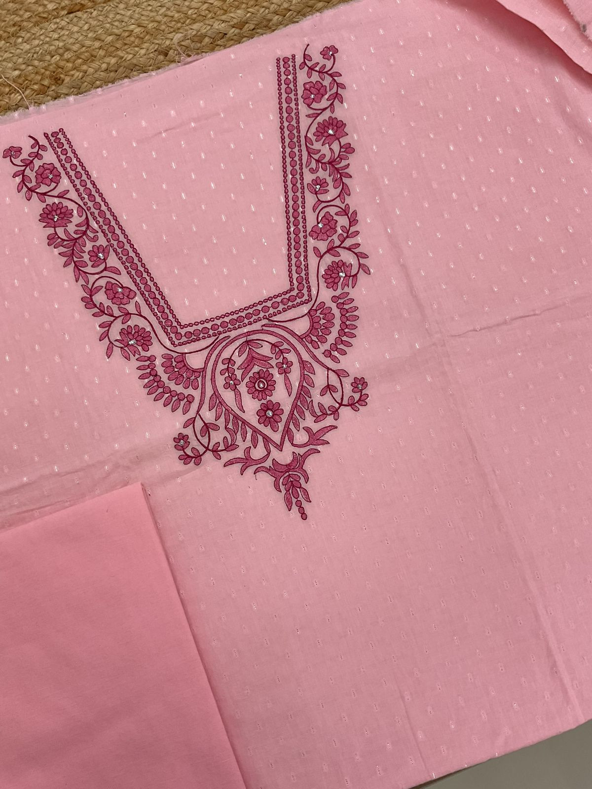 Pure Fine Cotton Self Weaved Printed Embroidered Suit - Pink