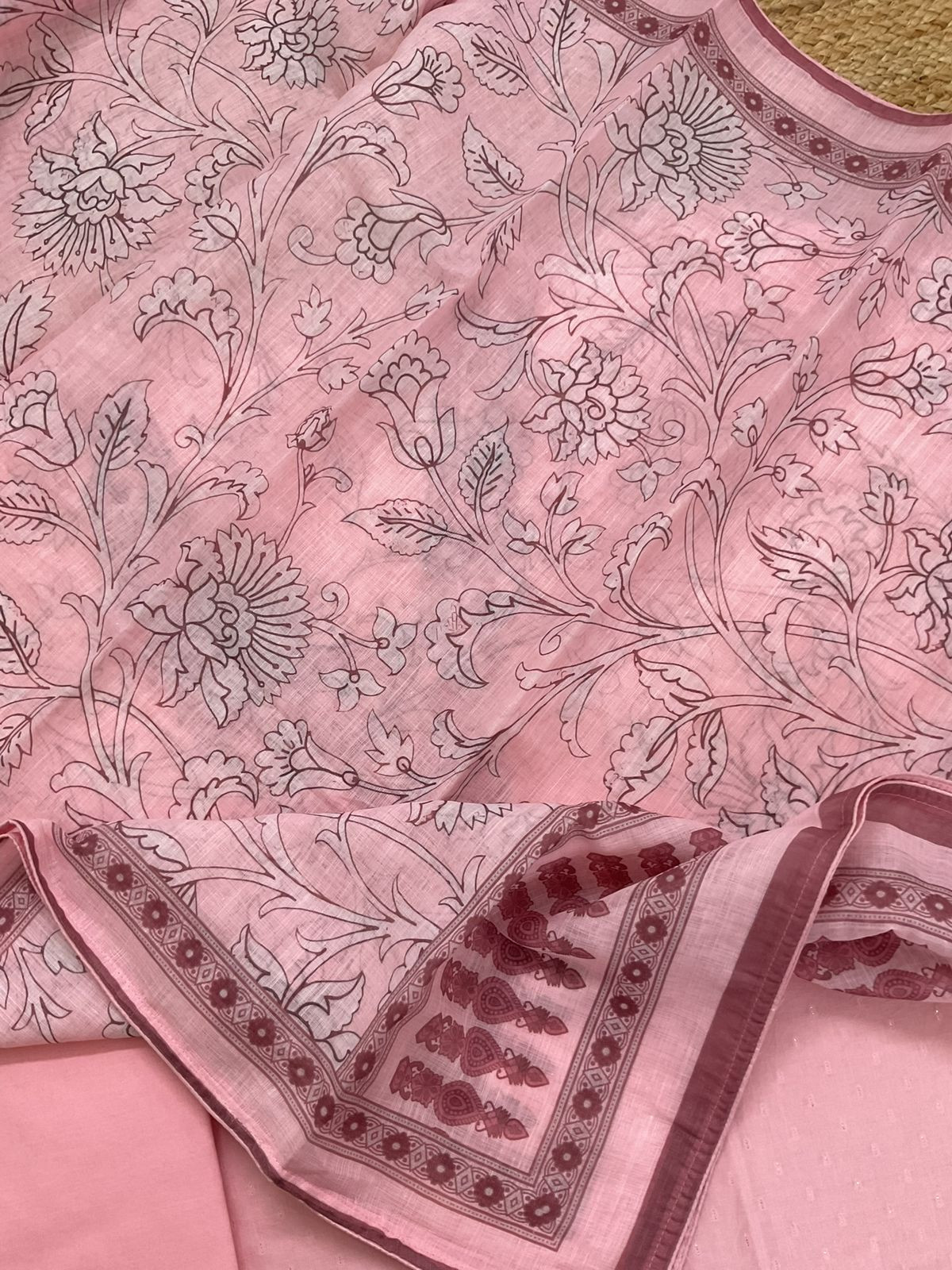 Pure Fine Cotton Self Weaved Printed Embroidered Suit - Pink