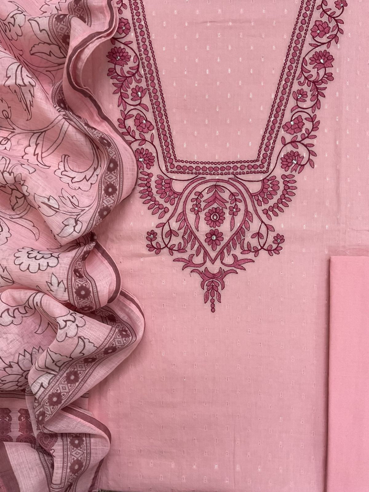 Pure Fine Cotton Self Weaved Printed Embroidered Suit - Pink