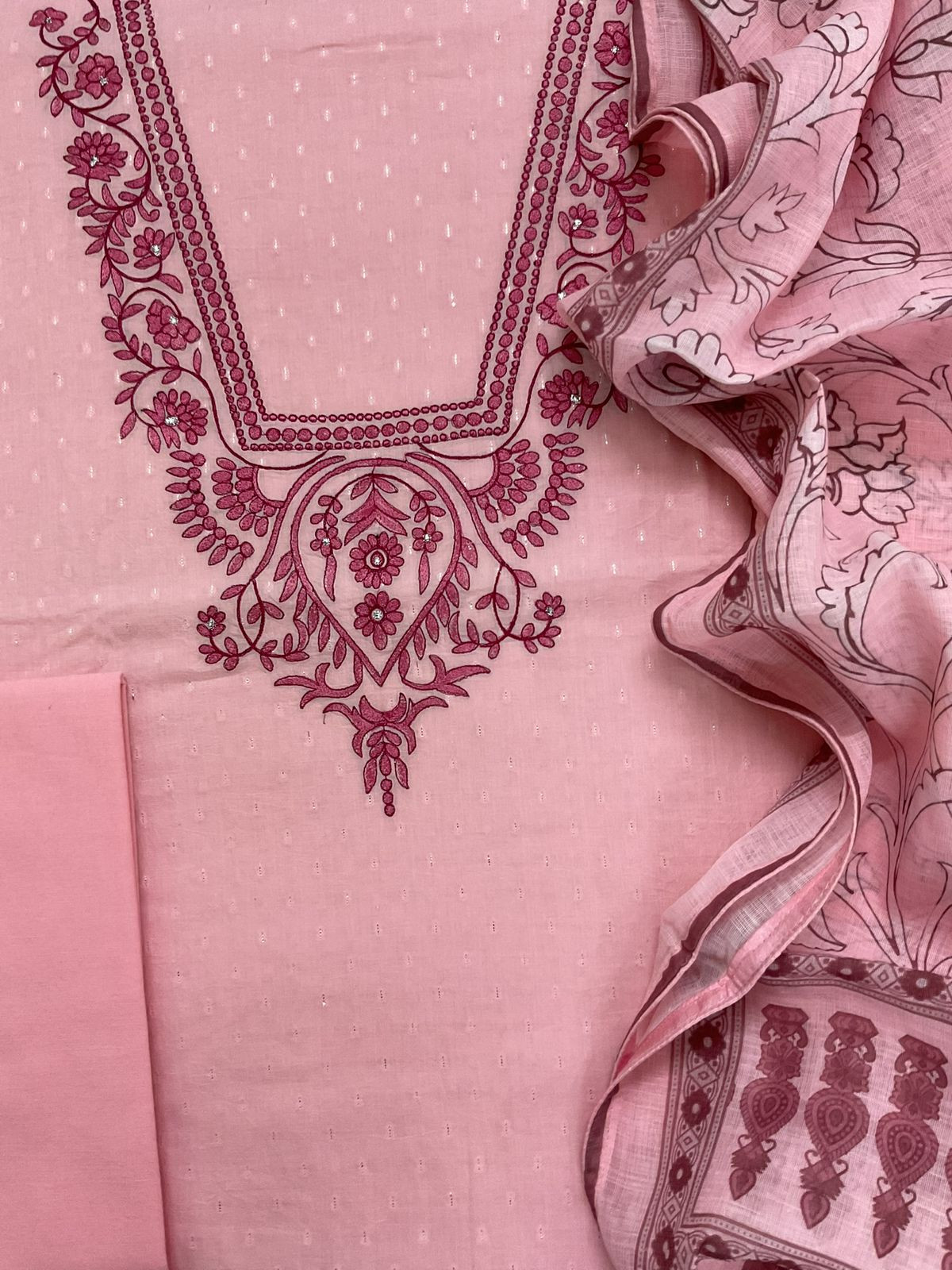 Pure Fine Cotton Self Weaved Printed Embroidered Suit - Pink