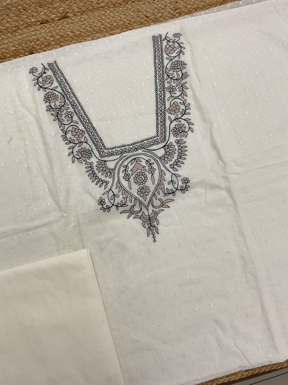 Pure Fine Cotton Self Weaved Printed Embroidered Suit - Off White