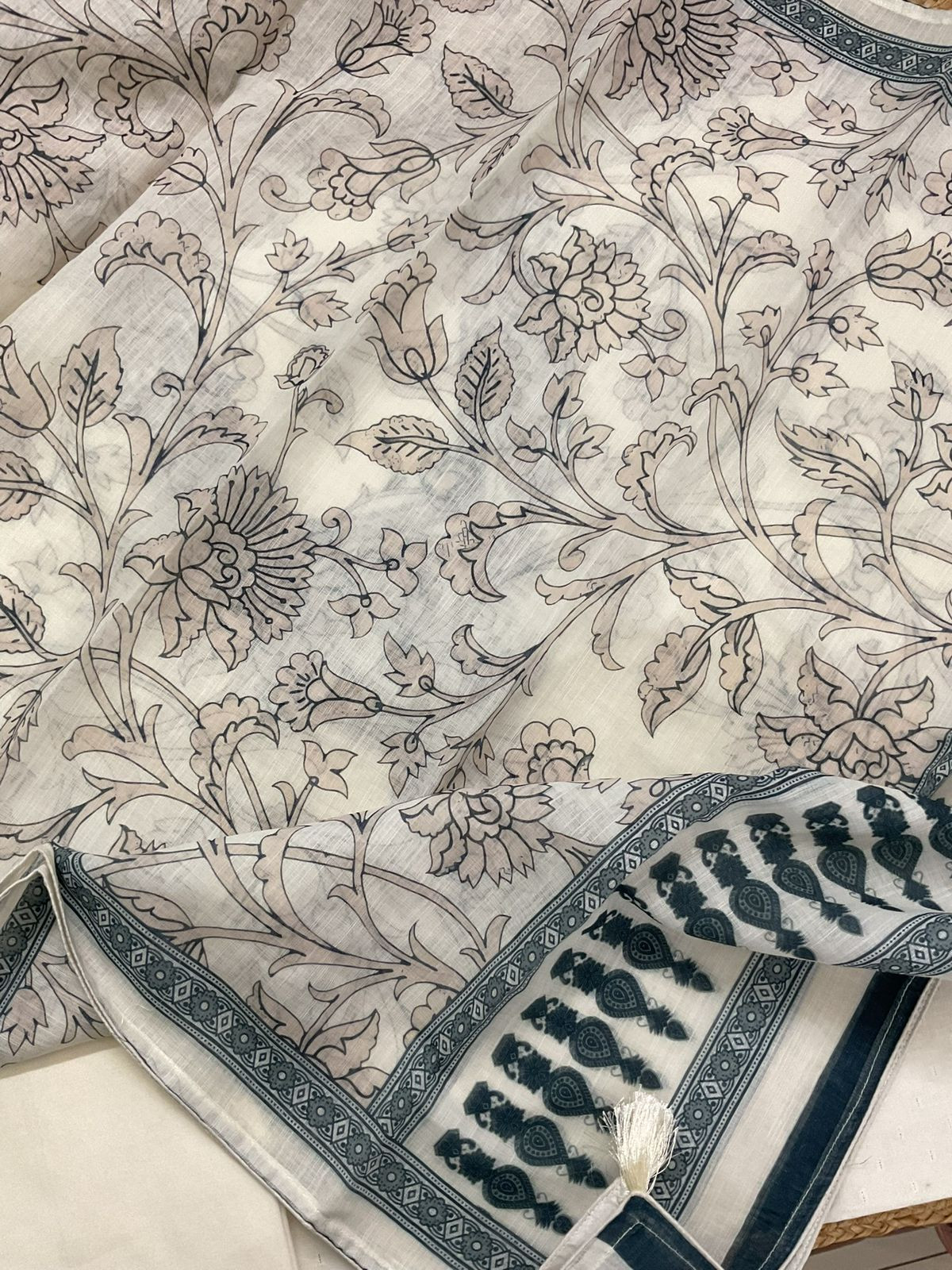 Pure Fine Cotton Self Weaved Printed Embroidered Suit - Off White